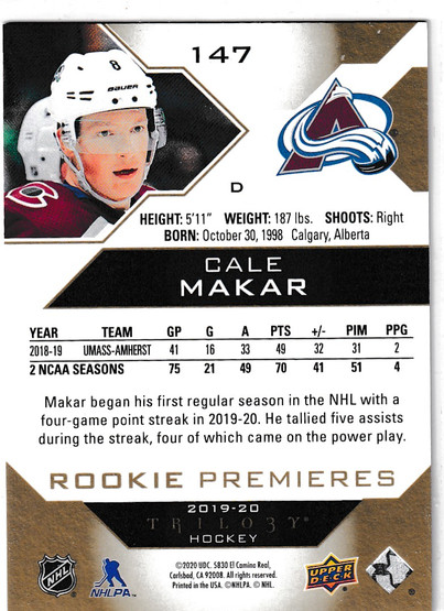  2019-20 Upper Deck Trilogy #147 Cale Makar RC /299