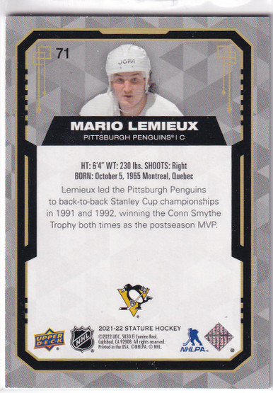  2021-22 Upper Deck Stature Design Photo Variant #71 Mario Lemieux /22