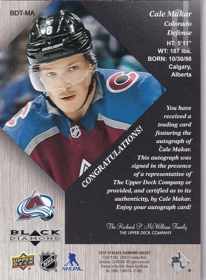  2019-20 Black Diamond '96-97 Tribute Pure Black Autographs #BDTMA Cale Makar/99 RC