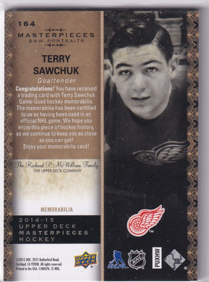  2014-15 UD Masterpieces Memorabilia Framed Black Leather #164 Terry Sawchuk BW