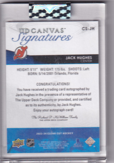  2023-24 Upper Deck Clear Cut Canvas Signatures Red Ink #CSJH Jack Hughes/86