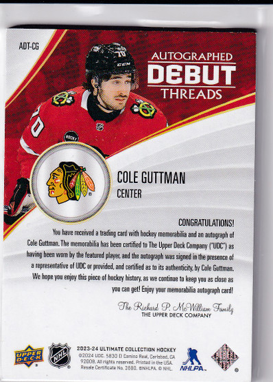  2023-24 Ultimate Collection Debut Threads Autographs #ADTCG Cole Guttman/99