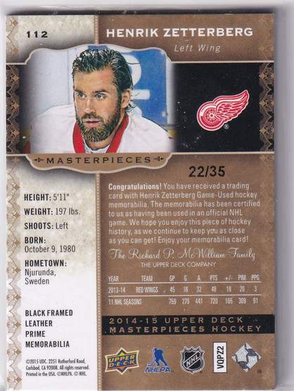  2014-15 UD Masterpieces Memorabilia Framed Black Leather #112 Henrik Zetterberg/35