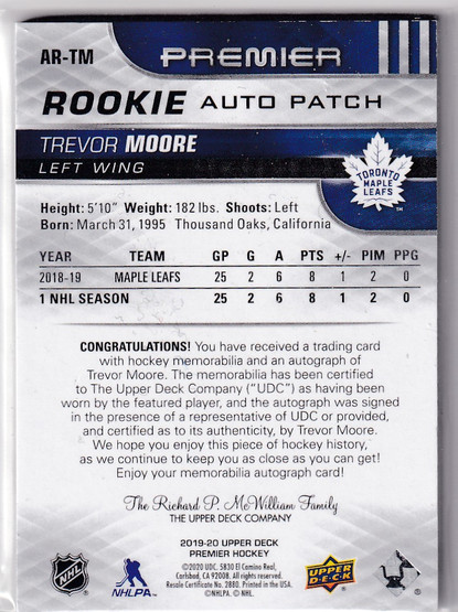  2019-20 Upper Deck Premier Acetate Rookie Patch Autographs #ARTM Trevor Moore/149