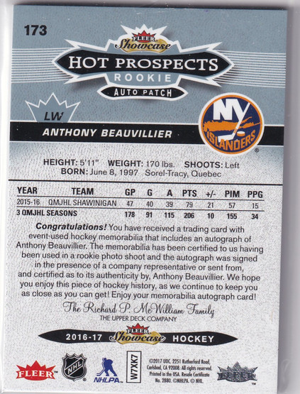  2016-17 Fleer Showcase Hot Prospects Autograph Patches White Hot #173 Anthony Beauvillier /10