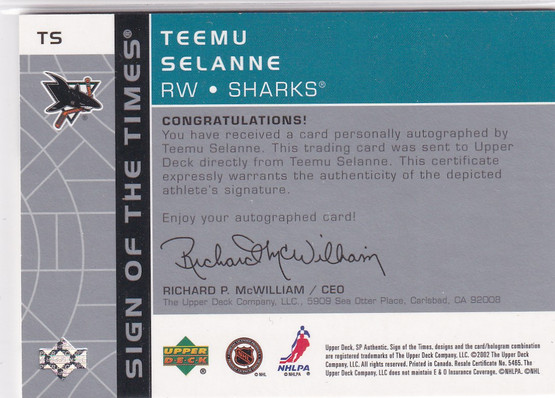  2001-02 SP Authentic Sign of the Times #TS Teemu Selanne