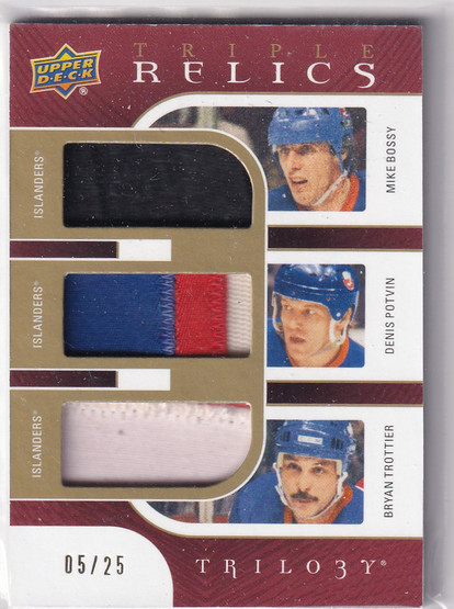 2018-19 Upper Deck Trilogy Triple Relics #TRBPT Mike Bossy/Denis Potvin/Bryan Trottier/25