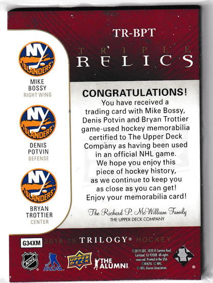  2018-19 Upper Deck Trilogy Triple Relics #TRBPT Mike Bossy/Denis Potvin/Bryan Trottier/25