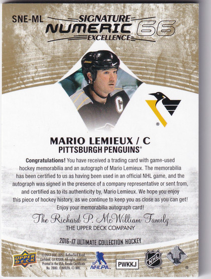  2016-17 Ultimate Collection Numeric Excellence Material Autographs Gold #SNEML Mario Lemieux/5
