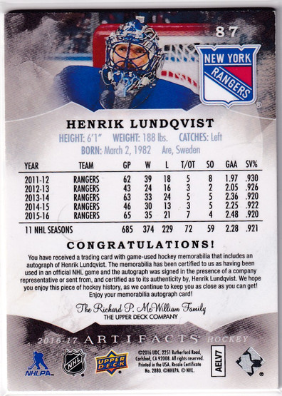  2016-17 Artifacts Autograph Materials Silver #87 Henrik Lundqvist/25