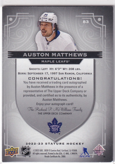  2022-23 Upper Deck Stature Autographs #83 Auston Matthews A