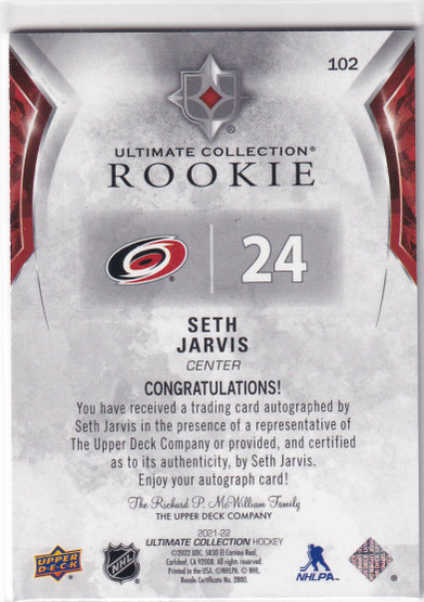  2021-22 Ultimate Collection #102 Seth Jarvis AU/299 RC