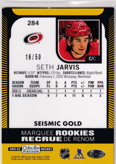  2021-22 O-Pee-Chee Platinum Seismic Gold #284 Seth Jarvis /50