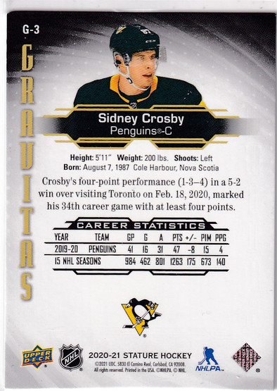  2020-21 Upper Deck Stature Gravitas Green #G3 Sidney Crosby /149