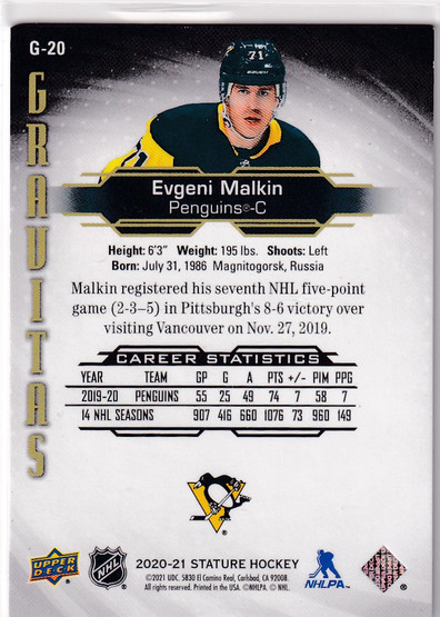  2020-21 Upper Deck Stature Gravitas Red #G20 Evgeni Malkin /75