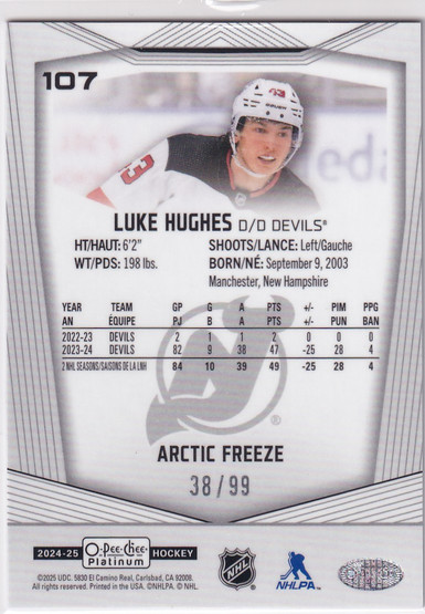  2024-25 O-Pee-Chee Platinum Arctic Freeze #107 Luke Hughes /99