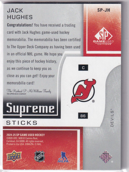  2024-25 SP Game Used Supreme Sticks #SPJH Jack Hughes /15