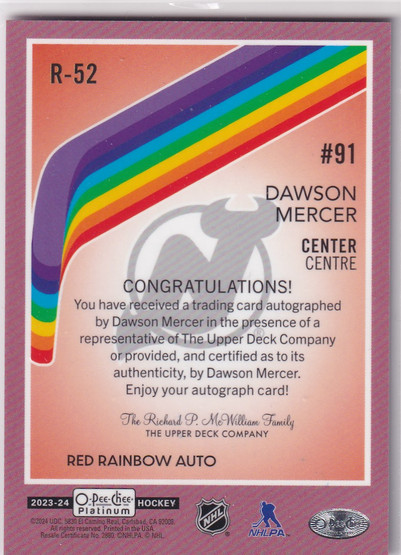  2023-24 O-Pee-Chee Platinum Retro Autographs Red #R52 Dawson Mercer