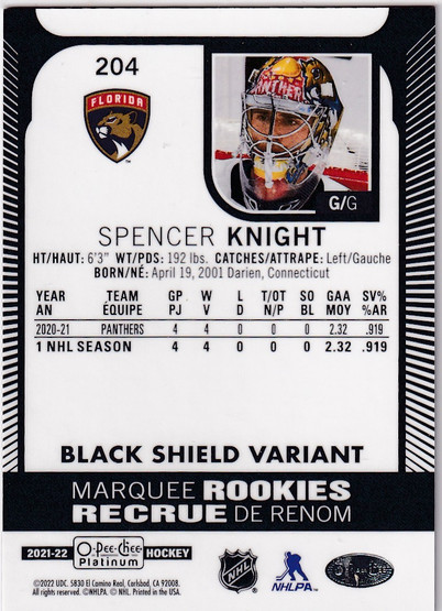  2021-22 O-Pee-Chee Platinum #204 Spencer Knight RC black shield
