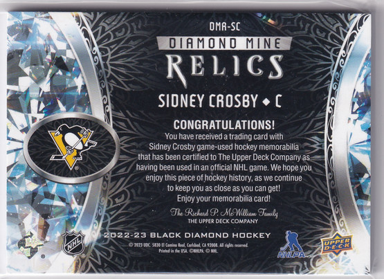  2022-23 Black Diamond Diamond Mine Relics #DMRSC Sidney Crosby