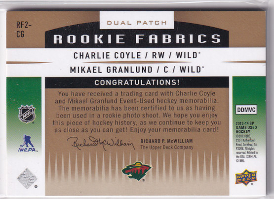  2013-14 SP Game Used Rookie Fabrics Dual Patches #RF2CG Charlie Coyle/Mikael Granlund /25