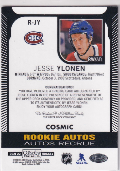  2021-22 O-Pee-Chee Platinum Rookie Autographs Cosmic #RJY Jesse Ylonen C