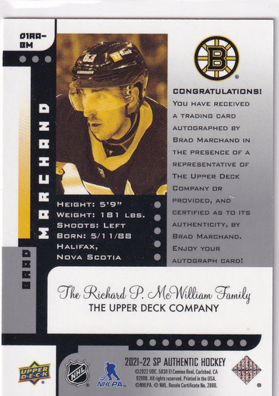  2021-22 SP Authentic '01-02 Retro Autographs #01RABM Brad Marchand/25