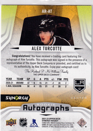  2021-22 Synergy Rookie Autographs #ARAT Alex Turcotte C