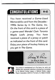 2013-14 ITG Decades 1990s Game Used Jerseys Black #M45 Wendel Clark