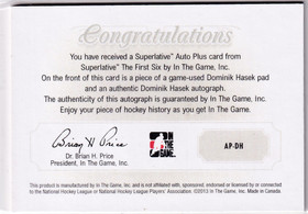  2013-14 ITG Superlative The First Six Autographs Plus Memorabilia #APDH Dominik Hasek /20