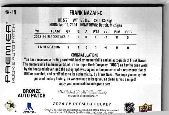  2024-25 Upper Deck Premier Horizontal Acetate Rookie Patch Autographs #HRFN Frank Nazar/99