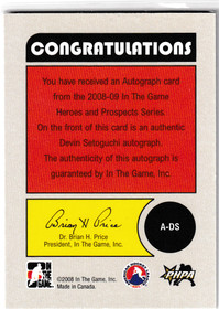  2008-09 ITG Heroes and Prospects Autographs #ADS Devin Setoguchi