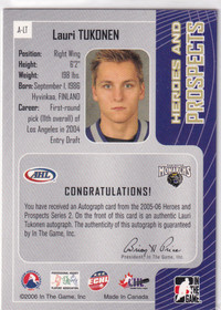  2005-06 ITG Heroes and Prospects Autographs Series II #ALT Lauri Tukonen