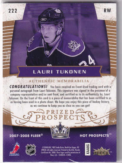  2007-08 Hot Prospects Red Hot #222 Lauri Tukonen JSY AU RC /25