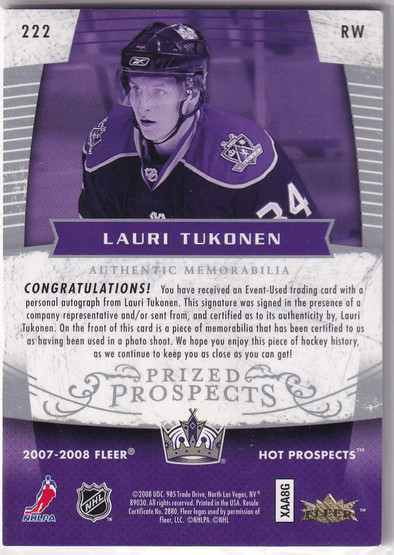 2007-08 Hot Prospects #222 Lauri Tukonen JSY AU RC /399