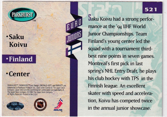  1993-94 Parkhurst #521 Saku Koivu
