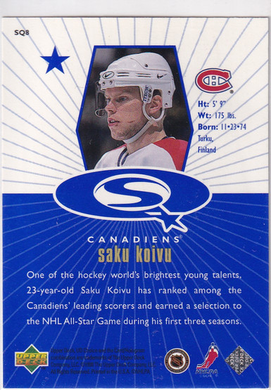  1998-99 UD Choice StarQuest Blue #SQ8 Saku Koivu