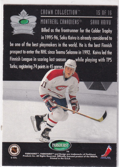 1995-96 Parkhurst International Crown Collection Gold Series 1 #15 Saku Koiv