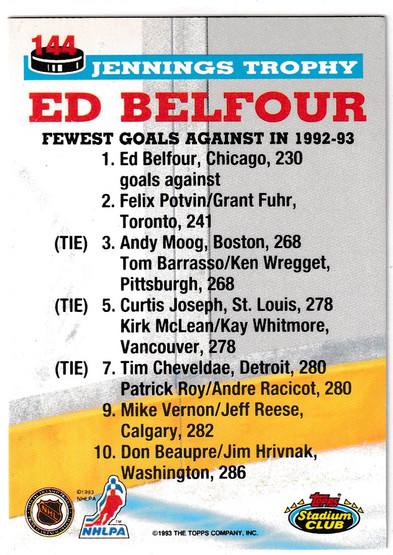  1993-94 Stadium Club First Day Issue #144 Ed Belfour/Jennings Trophy