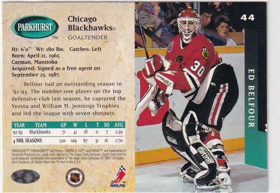  1993-94 Parkhurst Emerald Ice #44 Ed Belfour