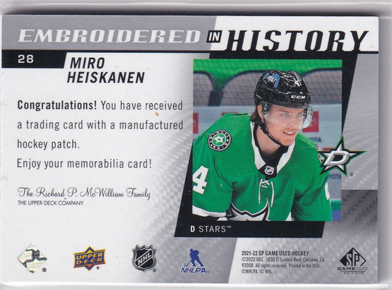  2021-22 SP Game Used Embroidered in History #28 Miro Heiskanen