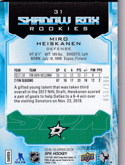  2018-19 SPx #31 Miro Heiskanen RC /299