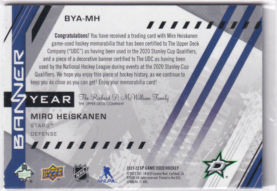  2021-22 SP Game Used '21 Western Conference Banner Year Jerseys #BYAMH Miro Heiskanen