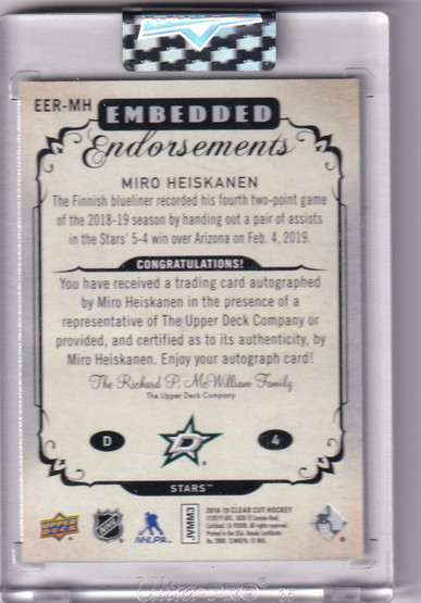  2018-19 Upper Deck Clear Cut Embedded Endorsements #EERMH Miro Heiskanen RC /99