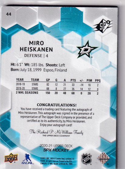  2020-21 SPx Autographs #44 Miro Heiskanen E