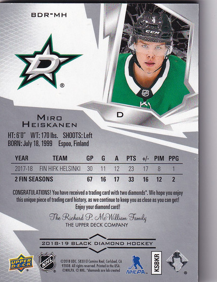  2018-19 Black Diamond #BDRMH Miro Heiskanen RC /99