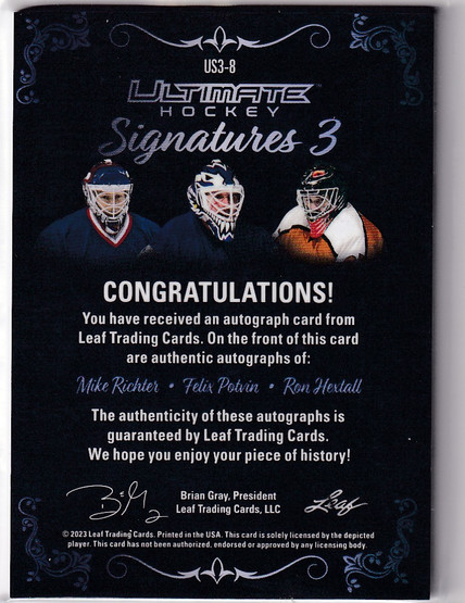 2023-24 Leaf Ultimate Signatures 3 Mike Richter Felix Potvin Ron Hextall /3