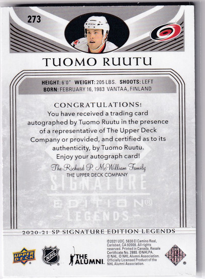  2020-21 SP Signature Legends Black #273 Tuomo Ruutu AU /10