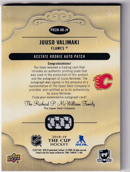 2018-19 The Cup Printing Plates UD Premier Acetate Rookie Autograph Patches Yellow #ARJV Juuso Valimaki 1/1