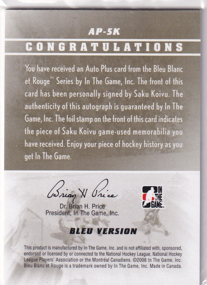 2008-09 ITG Bleu Blanc et Rouge Autographs Plus Jersey #APSK Saku Koivu